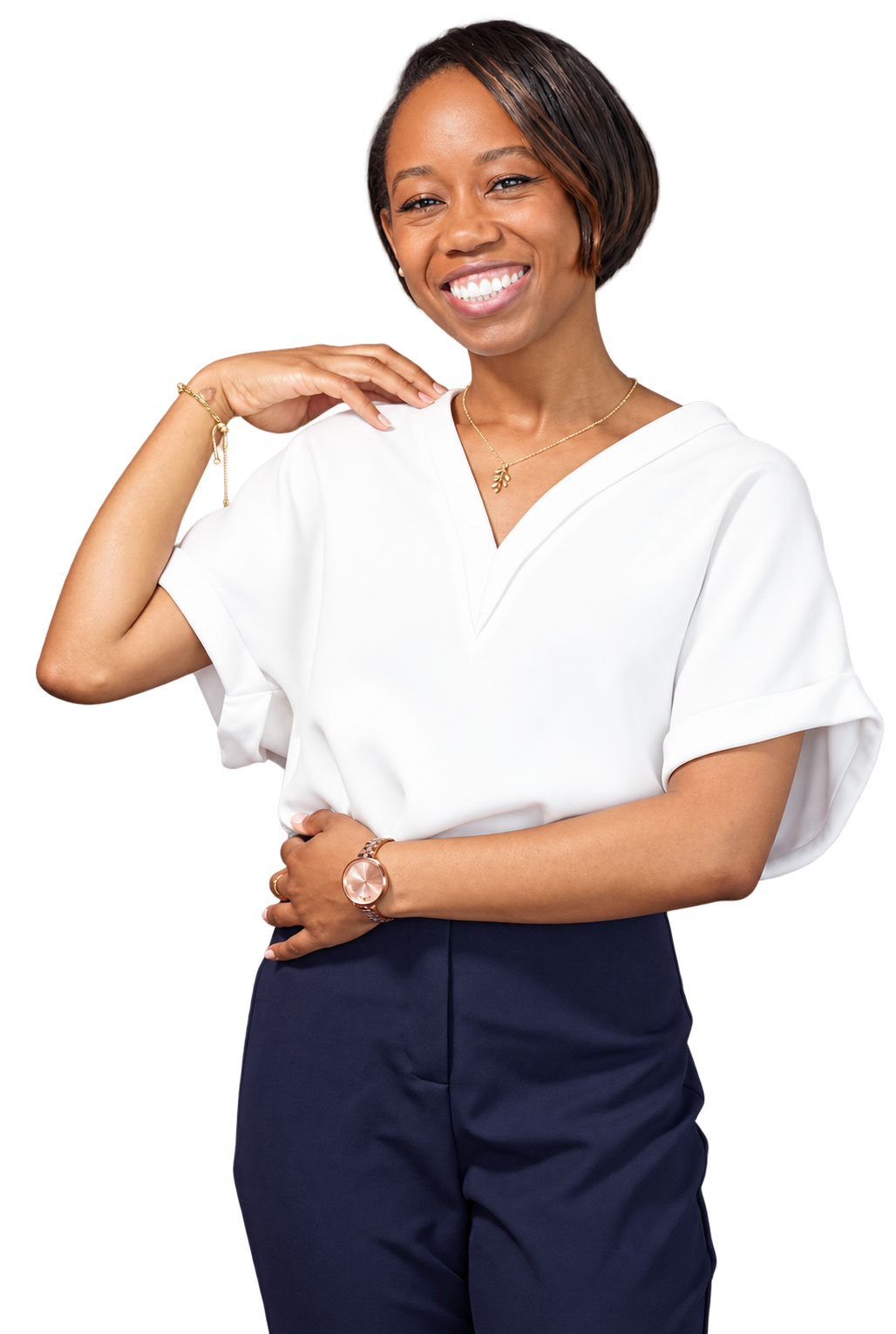 Dr. Daisiá Glenn smiling in a white blouse